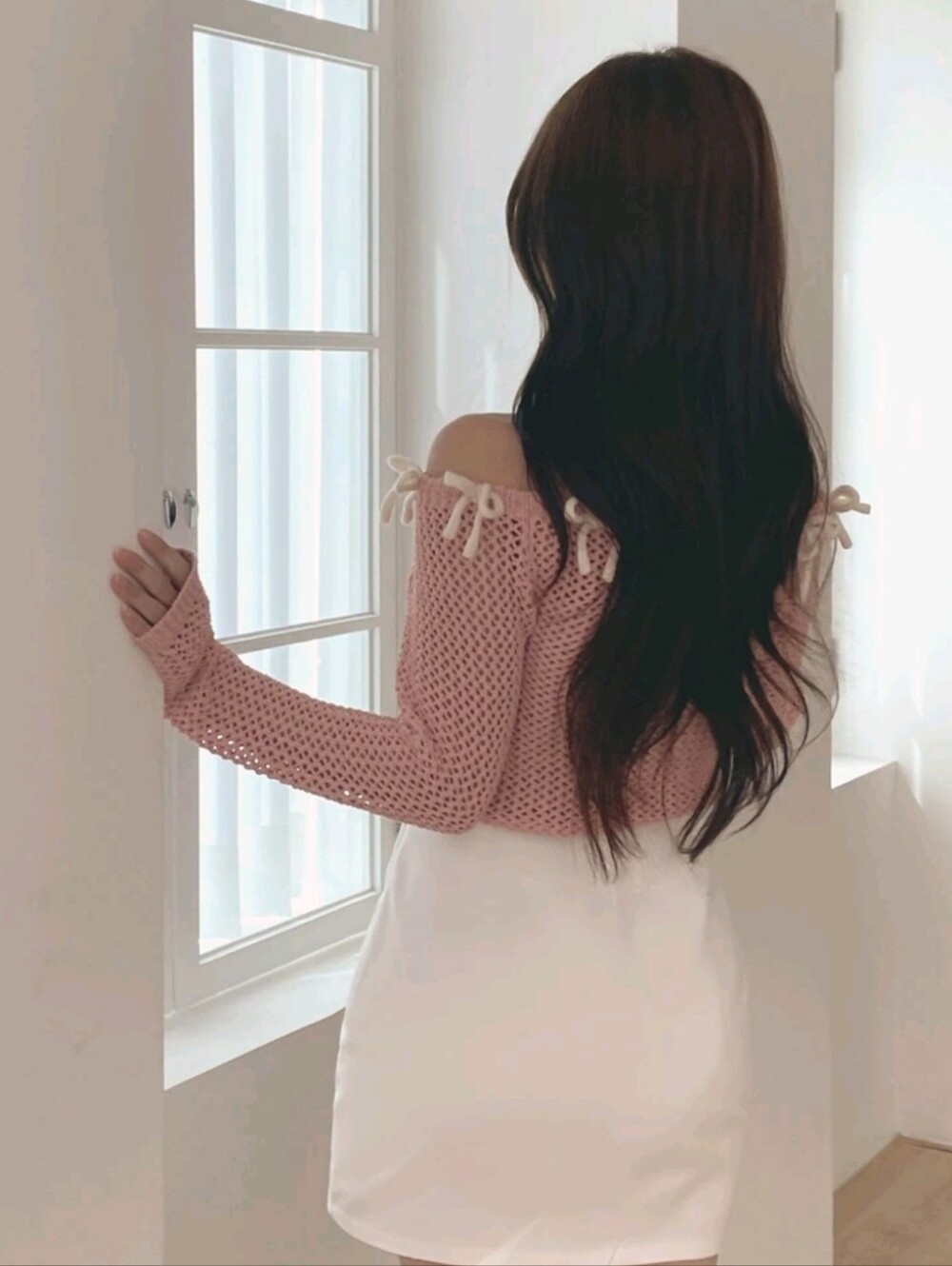 Women's Bow Contrast Color Fitted Square Neck Long Sleeve Hollow - Picture 4 of 8